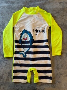 Kids Neon Yellow Shark Stripe Rash Guard Swimsuit